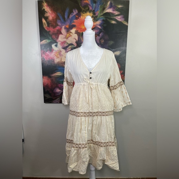 Dress Naoo Cream Boho Gold Stitch Embroidered Cotton Dress Made in India S - Picture 1 of 10